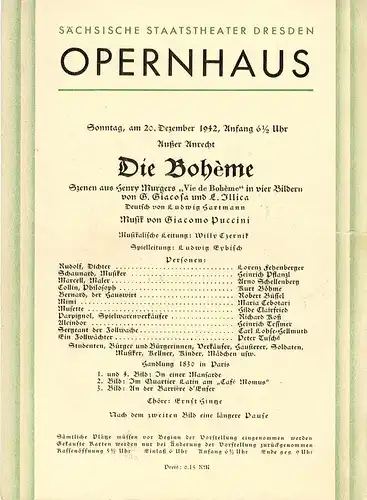 Sächsische Staatstheater Dresden, Opernhaus: Programmheft Die Boheme. 20. Dezember 1942. 