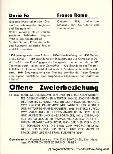 Theater der Altmark Stendal, Ulrich Hammer, Carl Ceiss: Programmheft Offene Zweierbeziehung von Dario Fo und Franca Rame. Spielzeit 1989 / 90 Heft 6. 