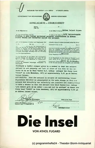 Deutsches Theater und Kammerspiele Berlin, Staatstheater der DDR, Gerhard Wolfram, Joachim Fiebach, Manfred Bofinger: Programmheft DIE INSEL von Athol Fugard. 92. Spielzeit. 