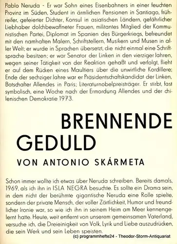 bat, Studiotheater des Institutes für Schauspielregie, Hochschule für Schauspielkunst Ernst Busch Berlin, Werner Heinitz, Wolfhard Theile: Programmheft Brennende Geduld von Antonio Skarmeta. DDR-Erstaufführung. 