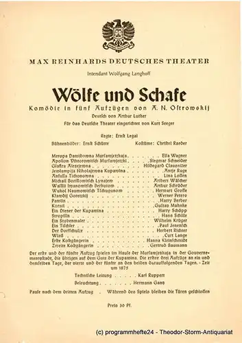 Max Reinhards Deutsches Theater, Wolfgang Langhoff: Theaterzettel Wölfe und Schafe. Komödie von A.N. Ostrowskij. 