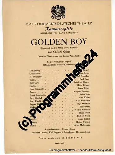 Max Reinhardts Deutsches Theater, Kammerspiele, Intendant Wolfgang Langhoff: Theaterzettel GOLDEN BOY. Schauspiel von Clifford Odets. 