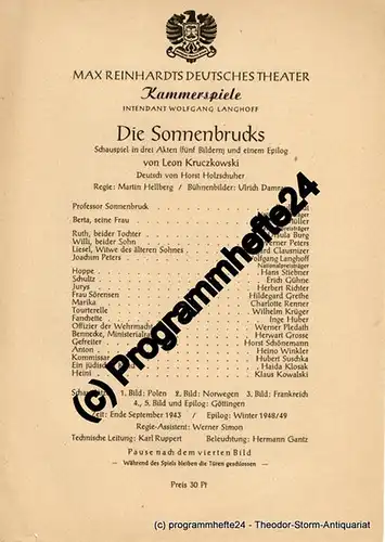 Max Reinhardts Deutsches Theater, Kammerspiele, Intendant Wolfgang Langhoff: Theaterzettel Die Sonnenbrucks von Leon Kruczkowski. 