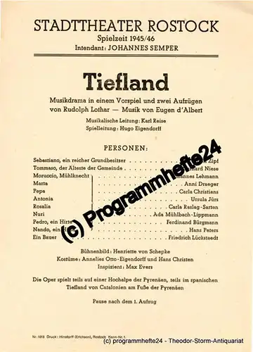 Stadttheater Rostock, Johannes Semper: Theaterzettel TIEFLAND. Spielzeit 1945 / 46. 