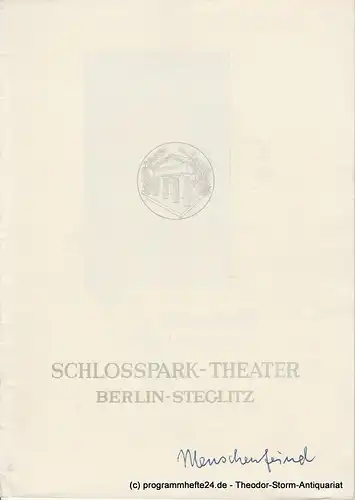 Schlosspark  Theater Berlin-Steglitz, Boleslaw Barlog: Programmheft Der Menschenfeind. Komödie von Moliere. Spielzeit 1958 / 59 Heft 76. 