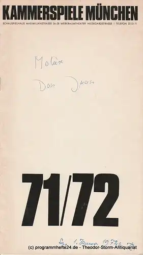 Kammerspiele München, Schauspielhaus, August Everding, Yvonne Sturzenegger, Maria Reinhard, Wolfgang Zimmermann: Programmheft Moliere DON JUAN Spielzeit 1971 / 72 Heft 1. 