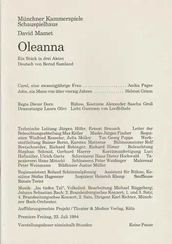 Münchner Kammerspiele, Schauspielhaus, Dieter Dorn, Michael Huthmann, Laura Olivi: Programmheft Oleanna. Stück von David Mamet. Premiere 22. Juli 1994. 