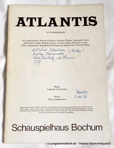Schauspielhaus Bochum, Herbert Fischer, Bettina von Leoprechting ( Interviews ), Thomas Eichhorn ( Fotos ): Programmheft ATLANTIS ein Gruppenprojekt. Premiere 8. Oktober 1976. 