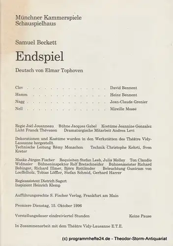 Münchner Kammerspiele, Dieter Dorn, Michael Huthmann, Laura Olivi, Marc Gegenfurther: Programmheft ENDSPIEL von Samuel Beckett Premiere 15. Oktober 1996 Spielzeit 1996 / 97 Heft 2. 