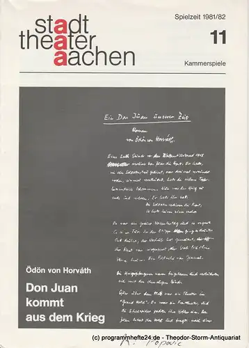 Stadttheater Aachen, Kammerspiele, Manfred Mützel, Lukas Popovic: Programmheft Don Juan kommt aus dem Krieg Premiere 19. Dezember 1981 Spielzeit 1981 / 82 Heft 11. 