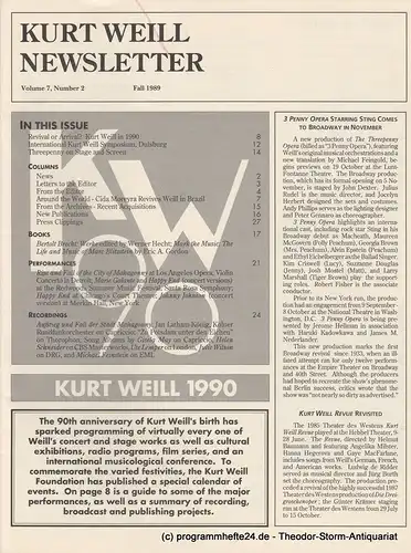 Kurt Weill Foundation, David Farneth, Mario R. Mercado: Kurt Weill Newsletter Volume 7, Number 2 Fall 1989. 
