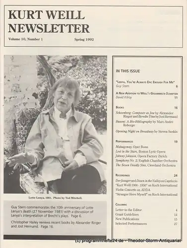 Kurt Weill Foundation, David Farneth, Mario R. Mercado: Kurt Weill Newsletter Volume 10, Number 1 Spring 1992. 