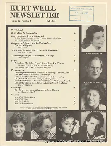 Kurt Weill Foundation, David Farneth, Mario R. Mercado: Kurt Weill Newsletter Volume 12, Number 2 Fall 1994. 