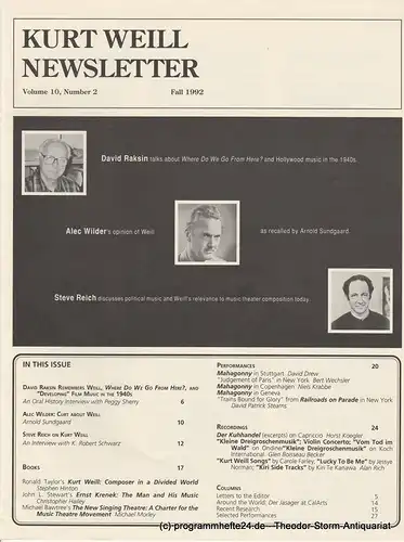 Kurt Weill Foundation, David Farneth, Mario R. Mercado: Kurt Weill Newsletter Volume 10, Number 2 Fall 1992. 