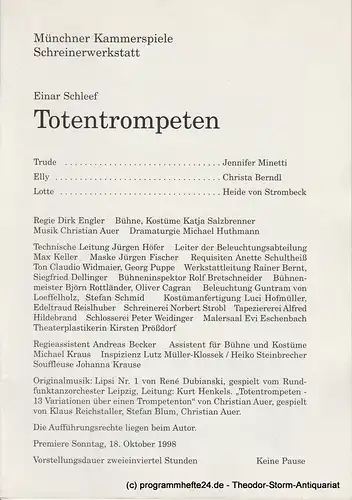 Münchner Kammerspiele, Dieter Dorn, Michael Huthmann, Ursula Honisch: Programmheft TOTENTROMPETEN von Einar Schleef. Premiere 18.10.1998 Schreinerwerkstatt Heft 2. 