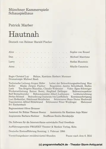 Münchner Kammerspiele, Schauspielhaus, Dieter Dorn, Michael Raab: Programmheft HAUTNAH von Patrick Marber. Premiere 1. Februar 1998. Spielzeit 1997 / 98 Heft 4. 