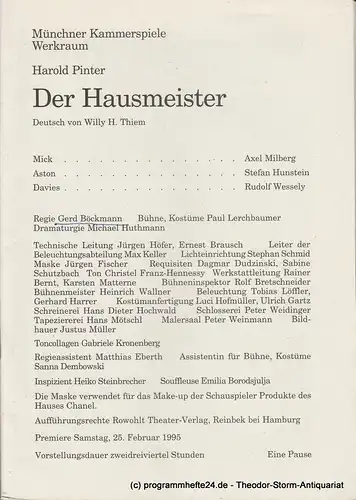 Münchner Kammerspiele, Werkraum, Dieter Dorn, Michael Huthmann: Programmheft DER HAUSMEISTER von Harold Pinter. Premiere 25. Februar 1995 Werkraum Heft 4. 