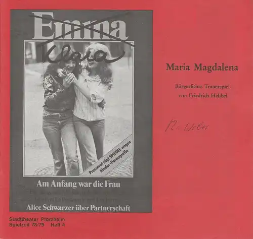 Stadttheater Pforzheim, Manfred Berben, Verena Joos: Programmheft Maria Magdalena. Bürgerliches Trauerspiel von Friedrich Hebbel. Premiere 11. November 1978. 