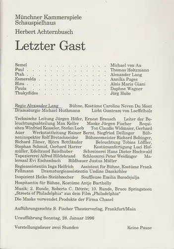 Münchner Kammerspiele, Dieter Dorn, Michael Huthmann, Undine Damköhler: Programmheft Letzter Gast von Herbert Achternbusch. Premiere 28. Januar 1996. Spielzeit 1995 / 96 Heft 3. 