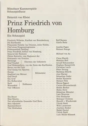 Münchner Kammerspiele, Schauspielhaus, Dieter Dorn, Michael Huthmann, Hans-Joachim Ruckhäberle: Programmheft Prinz Friedrich von Homburg von Heinrich von Kleist. Premiere 1. Oktober 1995 Spielzeit 1995 / 96 Heft 1. 