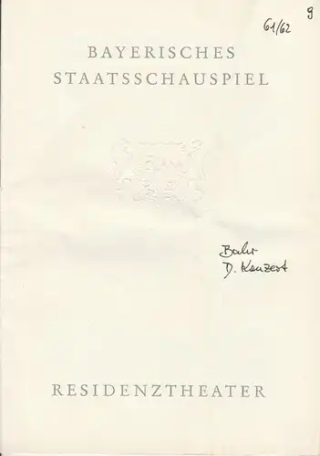 Bayerisches Staatsschauspiel, Residenztheater, Helmut Henrichs, Wolfgang Kirchner: Programmheft Das Konzert von Hermann Bahr. Premiere 15. Juni 1962. Spielzeit 1961 / 62 Heft 9. 