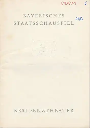 Bayerisches Staatsschauspiel, Residenztheater, Helmut Henrichs, Gerhard Reuter: Programmheft DER STURM von William Shakespeare. Premiere 7. April 1965 Spielzeit 1964 / 65 Heft 6. 