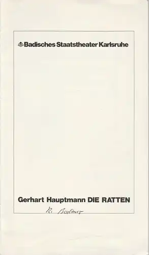Badisches Staatstheater Karlsruhe, Günter Könemann, Peter Wilcke: Programmheft Die Ratten von Gerhart Hauptmann. Premiere 21. Dezember 1980 Spielzeit 1980 / 81 Heft Nr. 4. 