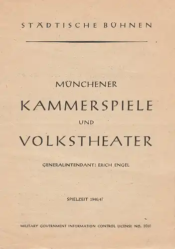 Münchner Kammerspiele und Volkstheater, Erich Engel: Programmheft Der Sturm von William Shakespeare Spielzeit 1946 / 47. 
