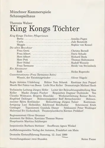 Münchner Kammerspiele, Dieter Dorn: Programmheft Theresia Walser: King Kongs Töchter. Premiere 12. Juni 1999 Spielzeit 1998 / 99 Heft 4. 