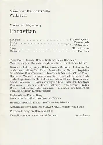 Münchner Kammerspiele, Dieter Dorn, Michael Raab, Georg Holzer: Programmheft PARASITEN von Marius von Mayenburg. Premiere 15. Dezember 2000 Spielzeit 2000 / 2001 Heft 4. 