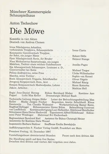 Münchner Kammerspiele, Dieter Dorn, Michael Huthmann, Michael Raab: Programmheft Die Möwe von Anton Tschechow. Premiere 12. Dezember 1997 Spielzeit 1997 / 98 Heft 2. 