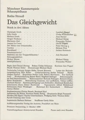 Münchner Kammerspiele, Dieter Dorn, Michael Huthmann, Michael Raab, Marc Gegenfurtner: Programmheft Das Gleichgewicht von Botho Strauß. Premiere 3. Oktober 1996 Spielzeit 1996 / 97 Heft 1. 