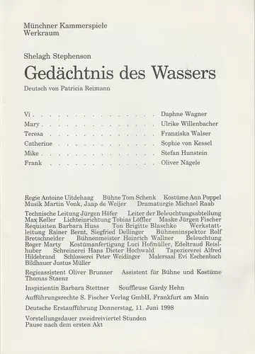 Münchner Kammerspiele, Dieter Dorn, Michael Raab: Programmheft Gedächtnis des Wassers von Shelagh Stephenson. Premiere 11. Juni 1998 Spielzeit 1997 / 98 Werkraum Heft 3. 