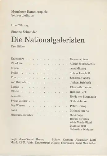 Münchner Kammerspiele, Dieter Dorn, Michael Huthmann, Wolfgang Zimmermann: Programmheft Uraufführung Die Nationalgaleristen von Simone Schneider 8. Oktober 1994 Schauspielhaus. 