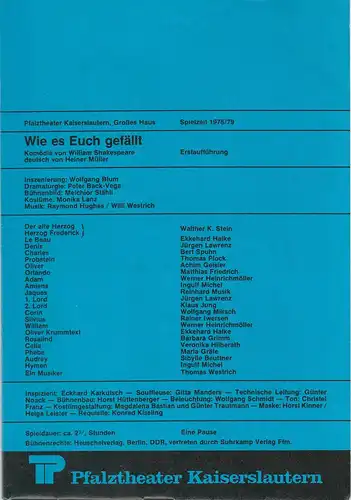Pfalztheater Kaiserslautern, Wolfgang Blum, Peter Back-Vega: Programmheft WIE ES EUCH GEFÄLLT. Komödie von William Shakespeare. Spielzeit 1978 / 79 Heft 5. 