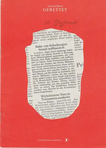 Nationaltheater Mannhein, Arnold Petersen, Peter Ritz: Programmheft GERETTET von Edward Bond Premiere 10. Januar 1981 Spielzeit 1980 / 81 Nr. 6. 