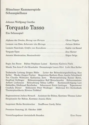 Münchner Kammerspiele, Dieter Dorn, Laura Olivi, Florian Krug: Programmheft Torquato Tasso. Ein Schauspiel von Johann Wolfgang Goethe. Premiere 23.10.1999 Schauspielhaus Spielzeit 1999 / 2000 Heft 1. 