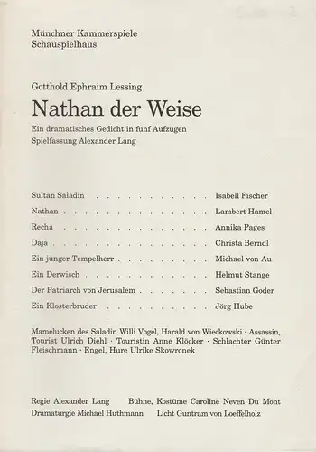 Münchner Kammerspiele Schauspielhaus, Dieter Dorn, Michael Huthmann, Wolfgang Zimmermann: Programmheft Nathan der Weise von Gotthold Ephraim Lessing. Premiere 18. Dezember 1994. Spielzeit 1994 / 95 Heft 2. 