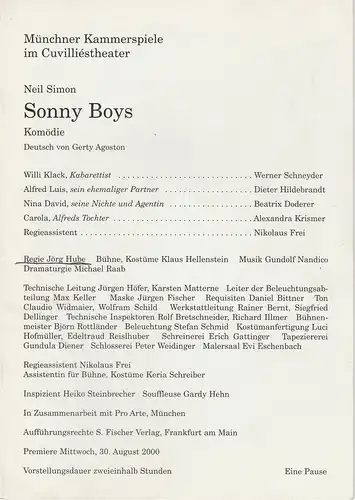 Münchner Kammerspiele, Dieter Dorn, Michael Raab: Programmheft Sonny Boys. Komödie von Neil Simon. Premiere 30. August 2000 Cuvilliestheater Spielzeit 2000 / 2001 Heft 1. 