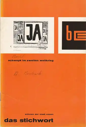 Bühnen der Stadt Essen, Erich Schumacher, Ilka Boll, Oliver Krauss: Programmheft Schweyk im zweiten Weltkrieg von Bertolt Brecht Das Stichwort 1959 / 60 Heft 15. 