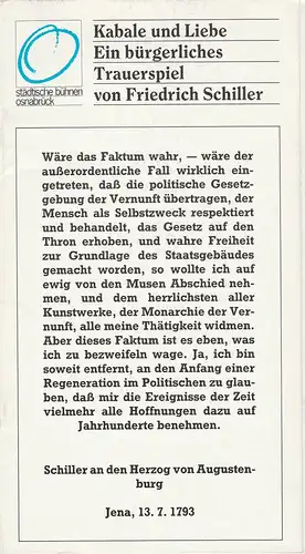 Städtische Bühnen Osnabrück, Erdmut C. August, Rolf Wilken: Programmheft Friedrich Schiller Kabale und Liebe Premiere 17. September 1988 Spielzeit 1988 / 89 Osnabrücker Theaterhefte Nr. 1. 