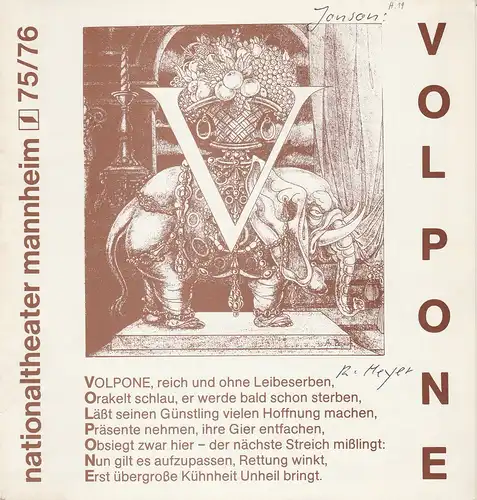 Nationaltheater Mannheim, Klaus Pierwoß: Programmheft VOLPONE. Komödie von Ben Jonson. Spielzeit 1975 / 76 Nr. 19. 
