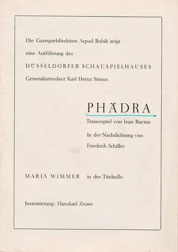 Gastspieldirektion Arpad Bubik, Berlin: Programmheft PHÄDRA. Trauerspiel von Jean Racine. Gastspiel Tournee Januar - Februar 1960. 
