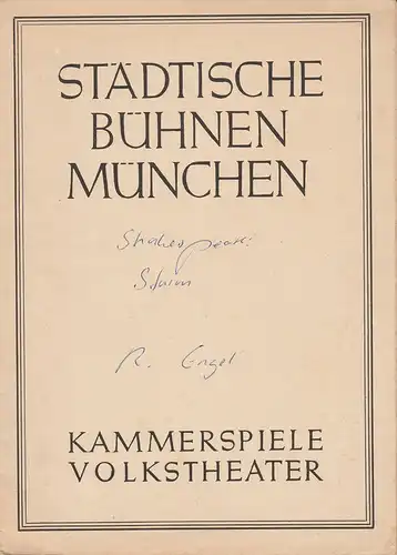 Städtische Bühnen München, Wolfgang Petzet: Programmheft DER STURM von William Shakespeare. Spielzeit 1946 / 47 Kammerspiele Volkstheater. 