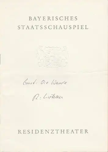 Bayerisches Staatsschauspiel, Helmut Henrichs, Ernst Wendt: Programmheft DIE WÄNDE von Jean Genet. Premiere 9. Februar 1968 Residenztheater. 