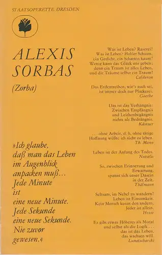 Staatsoperette Dresden, Reinhold Stövesand, Peter Gunold, Ekkehard Walter: Programmheft ALEXIS SORBAS. Zorba. Musical Premiere 22. und 23. 5 1988 Spielzeit 1987 / 88 Heft 4. 