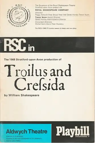 Royal Shakespeare Company RSC, Peggy Ashcroft, Peter Brook, Peter Hall, u.a: Programmheft The 1968 Stratford-upon-Avon production of Troilus and Cressida by William Shakespeare. 
