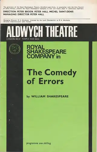 The Royal Shakespeare Company RSC, Peter Brook, Peter Hall, Michel Saint-Denis: Programmheft The Comedy of Errors by William Shakespeare Aldwych Theatre London. 