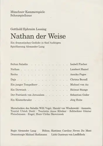 Münchner Kammerspiele Schauspielhaus, Dieter Dorn, Michael Huthmann, Wolfgang Zimmermann: Programmheft Nathan der Weise von Gotthold Ephraim Lessing. Premiere 18. Dezember 1994 Spielzeit 1994 / 95 Heft 2. 