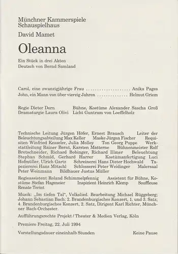 Münchner Kammerspiele, Schauspielhaus, Dieter Dorn, Michael Huthmann, Laura Olivi, Bettina Conrad, Wolfgang Zimmermann: Programmheft Oleanna. Stück von David Mamet. Premiere 22. Juli 1994 Schauspielhaus Spielzeit 1993 / 94 Heft 6. 